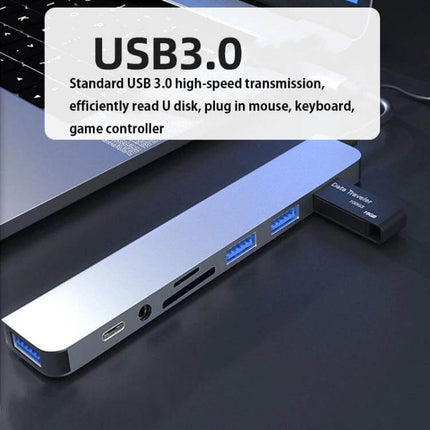 8-in-1 USB and USB-C Multifunctional Docking Station shown connected to laptop with USB3.0 ports, SD card slot and flash drive for expanded connectivity