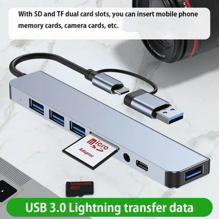 8-in-1 USB and USB-C Multifunctional Docking Station showing USB-A ports, SD and microSD card slots, USB-C connector and laptop connection