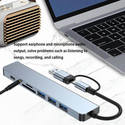 8-in-1 USB and USB-C Multifunctional Docking Station silver aluminum hub with three USB-A ports SD card slot and audio connection next to laptop