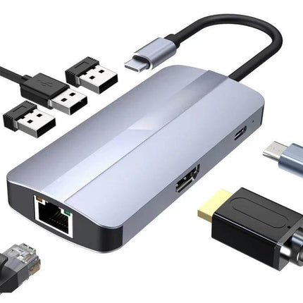 BYL 6-in-1 USB-C Multifunctional Docking Station for Connectivity with Ethernet, HDMI and USB ports in silver compact design