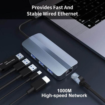 BYL 6-in-1 USB-C Multifunctional Docking Station for Connectivity showing Ethernet port, multiple USB ports and cables for fast wired 1000M network