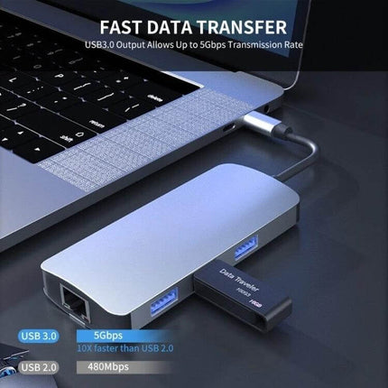 BYL 6-in-1 USB-C Multifunctional Docking Station for Connectivity connected to laptop showing USB, Ethernet and fast data transfer