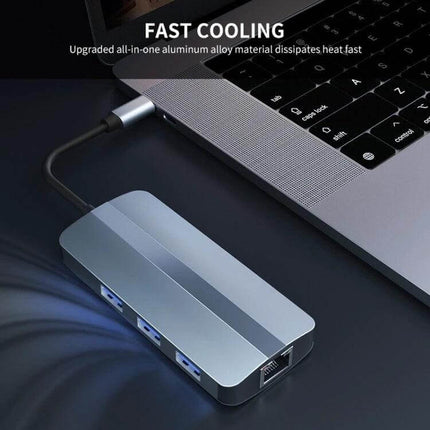 BYL 6-in-1 USB-C Multifunctional Docking Station for Connectivity connected to laptop showing ports, USB-A and Ethernet, slim aluminum hub