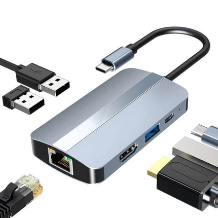 BYL 6-In-1 USB-C Docking Station for Multiple Ports compact aluminum hub with HDMI, Ethernet, USB-A, USB-C and SD card slots