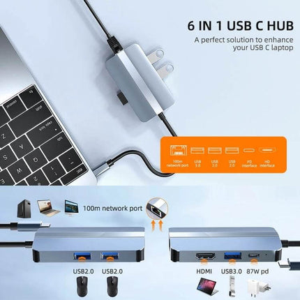 BYL 6-In-1 USB-C Docking Station for Multiple Ports compact aluminum alloy hub with HDMI, USB3.0, USB2.0 and 100m network port