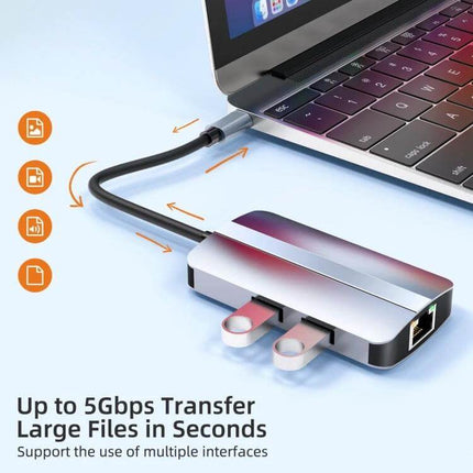 BYL 6-In-1 USB-C Docking Station for Multiple Ports connected to laptop showing fast file transfer and dual USB drives
