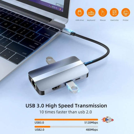 BYL 6-In-1 USB-C Docking Station for Multiple Ports connected to laptop showing HDMI, USB and Ethernet ports