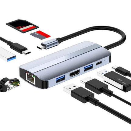 USB-C 9-in-1 Multifunctional Docking Station for Versatile Connectivity showing HDMI, Ethernet, USB-A, SD card slots and USB-C cable