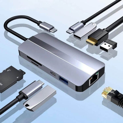 USB-C 9-in-1 Multifunctional Docking Station for Versatile Connectivity compact aluminum hub showing HDMI, Ethernet, USB-A, SD card and multiple USB-C ports