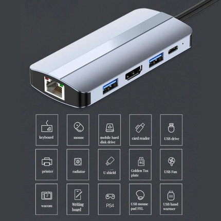 USB-C 9-in-1 Multifunctional Docking Station for Versatile Connectivity shown with Ethernet, HDMI, 2x USB-A and USB-C ports for laptop and tablet expansion