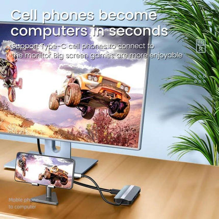 USB-C 9-in-1 Multifunctional Docking Station for Versatile Connectivity showing phone connected to monitor for gaming and work