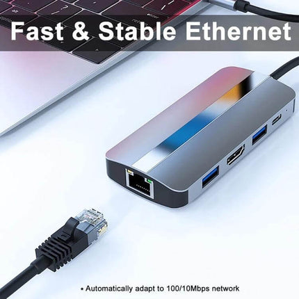 USB-C 9-in-1 Multifunctional Docking Station for Versatile Connectivity connected to laptop showing Ethernet, USB-A and HDMI ports in compact aluminum hub