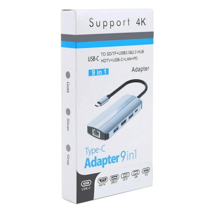 USB-C 9-in-1 Multifunctional Docking Station for Versatile Connectivity - compact Type-C adapter box showing 9-in-1 ports and 4K support