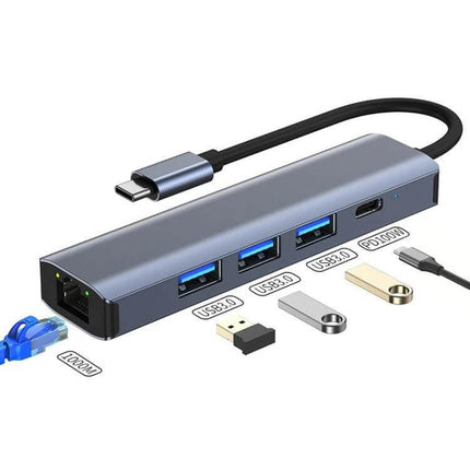 BYL 5-in-1 USB-C Docking Station for Device Connectivity - compact aluminum alloy hub with Ethernet, three USB 3.0 ports and PD charging cable