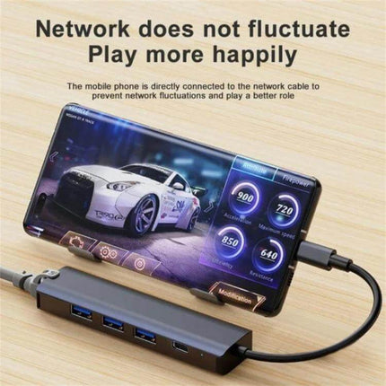 BYL 5-in-1 USB-C Docking Station for Device Connectivity showing phone connected via Ethernet and multiple USB ports on aluminum alloy hub