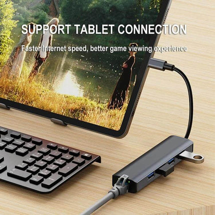 BYL 5-in-1 USB-C Docking Station for Device Connectivity connected to tablet with Ethernet, USB ports and charging cable on desk