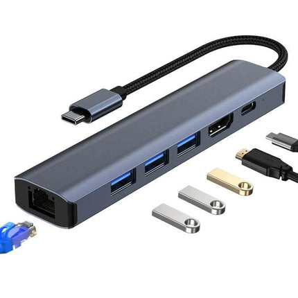 BYL USB-C Multi-Port Docking Station with Ethernet Adapter shown in gray with HDMI, USB-A ports, USB-C charging and Ethernet port