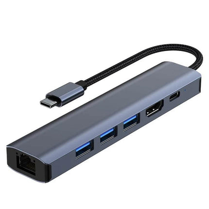 BYL USB-C Multi-Port Docking Station with Ethernet Adapter slim aluminum hub showing USB-A, HDMI, USB-C and Ethernet ports
