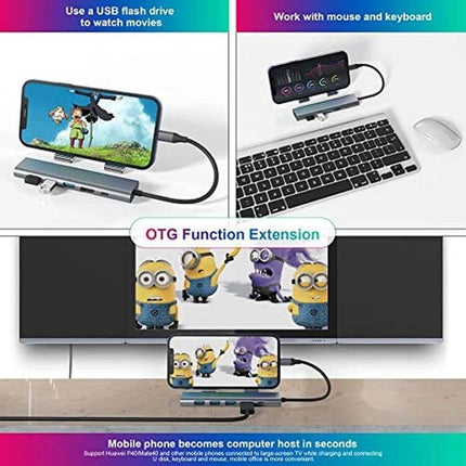 BYL USB-C Multi-Port Docking Station with Ethernet Adapter connected to phone, keyboard and mouse showing OTG function and Ethernet connectivity