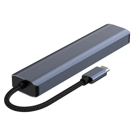 BYL USB-C Multi-Port Docking Station with Ethernet Adapter slim gray hub showing braided USB-C cable and multiple ports for laptops and tablets