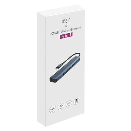 BYL USB-C Multi-Port Docking Station with Ethernet Adapter shown in retail box with 6-in-1 USB-C hub image