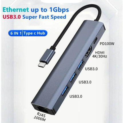 BYL USB-C Multi-Port Docking Station with Ethernet Adapter showing HDMI, three USB3.0 ports, PD100W USB-C charging and RJ45 1Gbps port