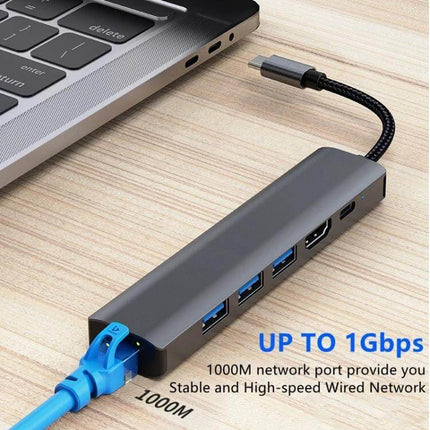 BYL USB-C Multi-Port Docking Station with Ethernet Adapter connected to laptop showing HDMI, USB and 1Gbps Ethernet port