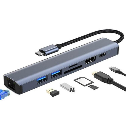 BYL 7-in-1 USB-C Docking Station for Device Connectivity Solutions - slim aluminum hub with HDMI, RJ45, SD, USB-A, USB-C ports