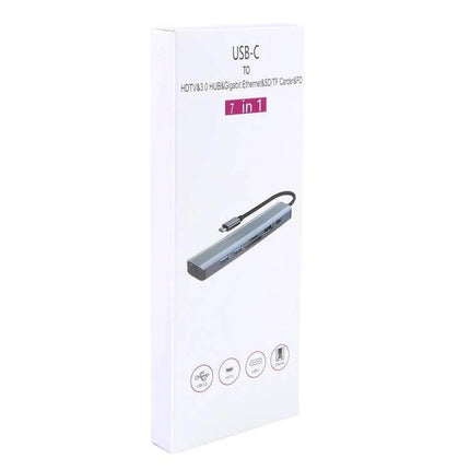 BYL 7-in-1 USB-C Docking Station for Device Connectivity Solutions - slim silver USB-C hub with multiple ports shown on packaging