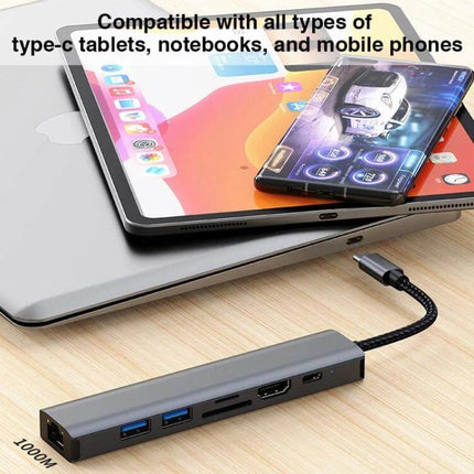 BYL 7-in-1 USB-C Docking Station for Device Connectivity Solutions connected to tablet, phone and laptop showing HDMI, USB and SD ports
