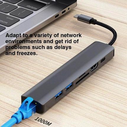 BYL 7-in-1 USB-C Docking Station for Device Connectivity Solutions showing HDMI, USB-A, SD, and RJ45 ports connected to laptop