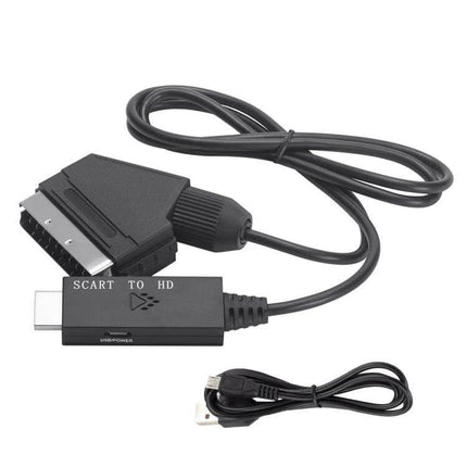 Scart to HDMI Video Audio Converter for TV Connections showing black SCART-to-HDMI cable and USB power cable, supports 1080p analog-to-digital conversion