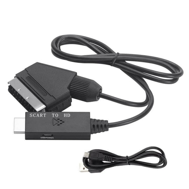 Scart to HDMI Video Audio Converter for TV Connections showing black SCART-to-HDMI cable and USB power cable, supports 1080p analog-to-digital conversion