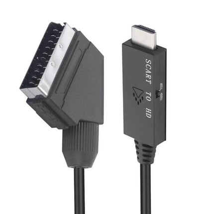 Scart to HDMI Video Audio Converter for TV Connections showing SCART plug and HDMI connector cable, black adapter for 1080p analog-to-digital conversion