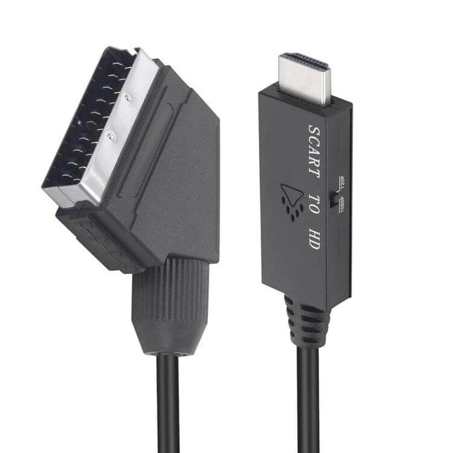 Scart to HDMI Video Audio Converter for TV Connections showing SCART plug and HDMI connector cable, black adapter for 1080p analog-to-digital conversion