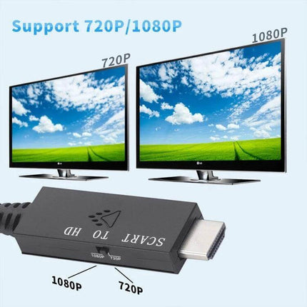 Scart to HDMI Video Audio Converter for TV Connections showing 720p and 1080p TVs and converter cable