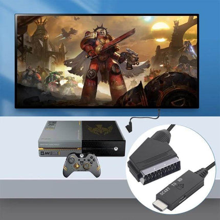 Scart to HDMI Video Audio Converter for TV Connections showing classic console and SCART-to-HDMI adapter connected to modern TV