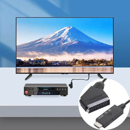 Scart to HDMI Video Audio Converter for TV Connections showing classic DVD player connected to modern 1080p TV with scart-to-hdmi cable