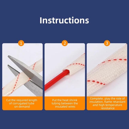 Flexible Insulating Pipe for Electrical Wiring, 6mm x 90cm showing instructions: cut to length, insert wire, heat-shrink and insulation protection