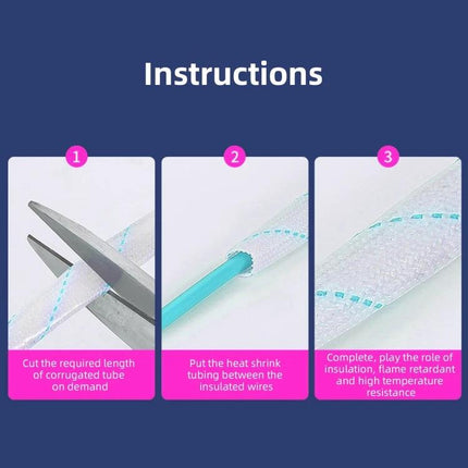High-Voltage Insulating Pipe for Electrical Wiring, 3mm x 90cm showing cutting and installation steps with heat-shrink tubing for insulation and protection