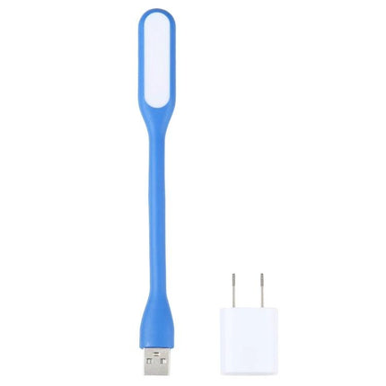 Flexible USB Light for Reading at Home or While Traveling - blue bendable USB reading light with adapter, plugs into laptop or power bank for travel and home use