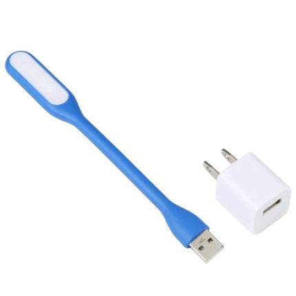 Flexible USB Light for Reading at Home or While Traveling - blue flexible USB reading light with USB-A plug and wall adapter