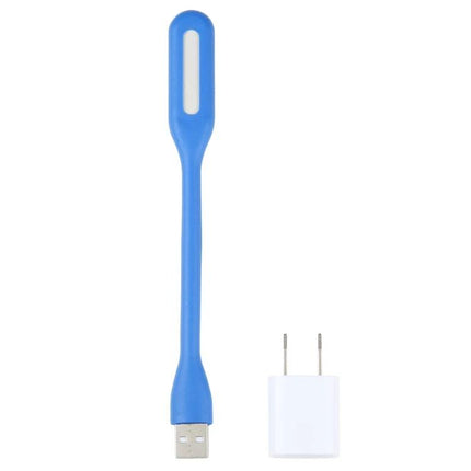 Flexible USB Light for Reading at Home or While Traveling - blue bendable USB reading light with USB plug and charger adapter