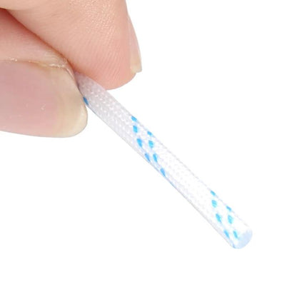 2mm High-Voltage Insulating Pipe for Electrical Wiring Protection held between fingers showing textured white sleeve with blue tracer for wire insulation