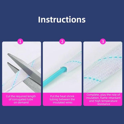 2mm High-Voltage Insulating Pipe for Electrical Wiring Protection shown as corrugated sleeve being cut, inserted over wire, and providing insulation and heat resistance
