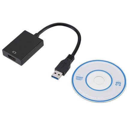 USB 3.0 to HDMI Adapter Cable for Connecting to Displays with USB-A connector and HDMI output shown next to driver CD