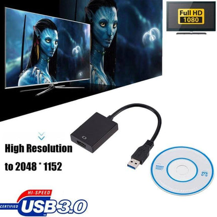 USB 3.0 to HDMI Adapter Cable for Connecting to Displays - USB 3.0 to HDMI adapter cable showing cable, HDMI box, driver CD and Full HD monitor