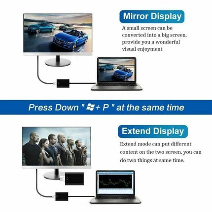 USB 3.0 to HDMI Adapter Cable for Connecting to Displays showing mirror and extend display setups with laptop to monitor 1080p