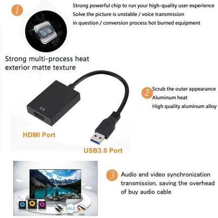 USB 3.0 to HDMI Adapter Cable for Connecting to Displays - compact USB3.0 to HDMI adapter for 1080p monitor, HDTV, projector connections