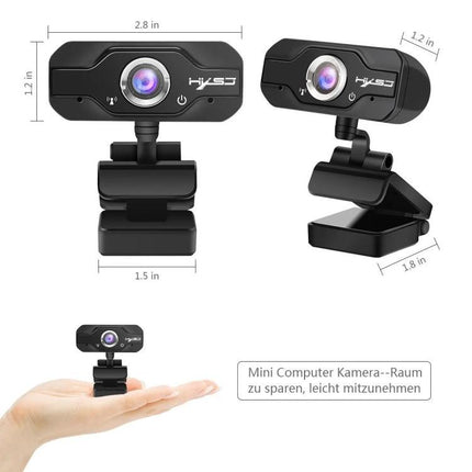 HXSJ S50 HD Webcam with Built-in Microphone for Laptops and Desktops — compact 720P HD webcam shown front and angled with clip and dimensions